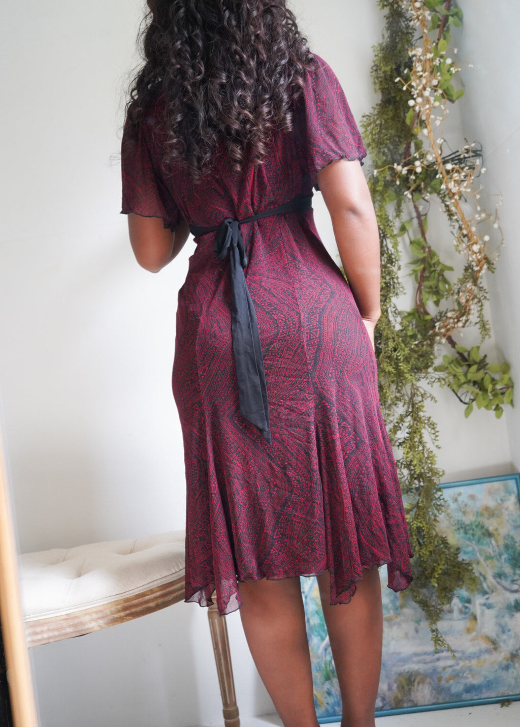 Red and Black Paisley Tie Back Y2K Dress