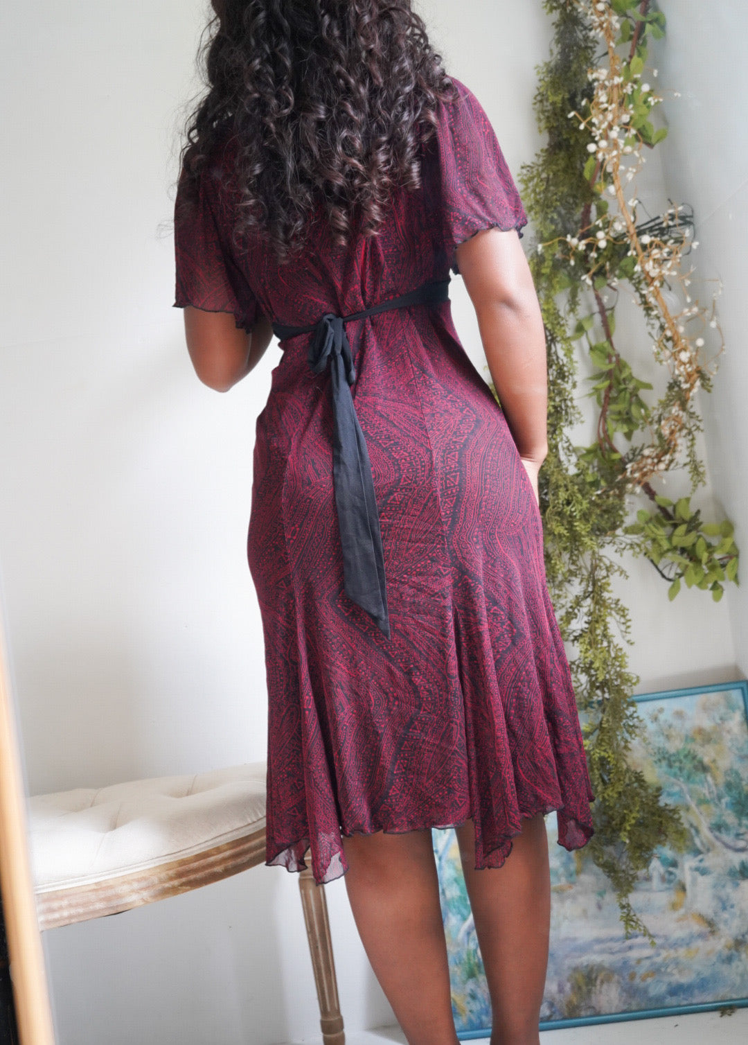 Red and Black Paisley Tie Back Y2K Dress