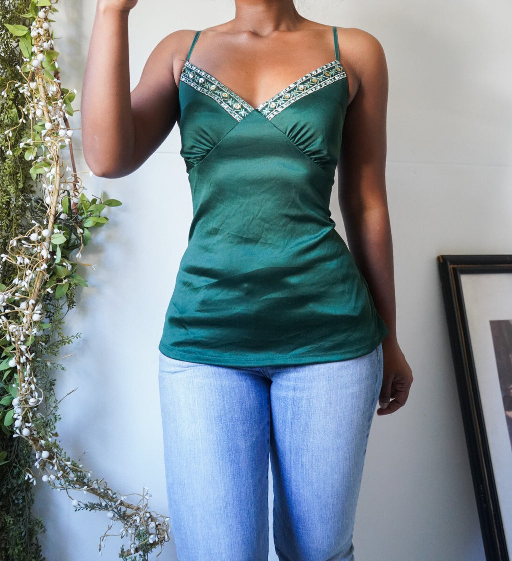 Y2K Dark Green Gold Trim Detail Cami