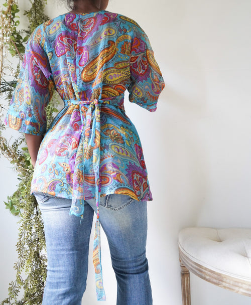 Y2K Boho Paisley Tie Back Top with Gold Sequins