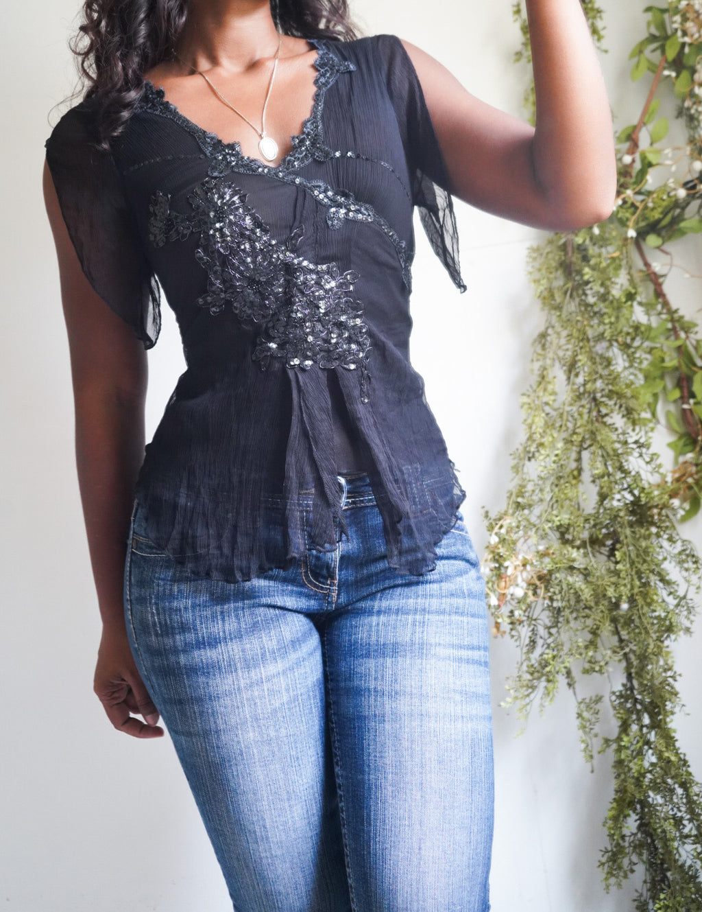 Sequin Detail Black Mesh Y2K Top