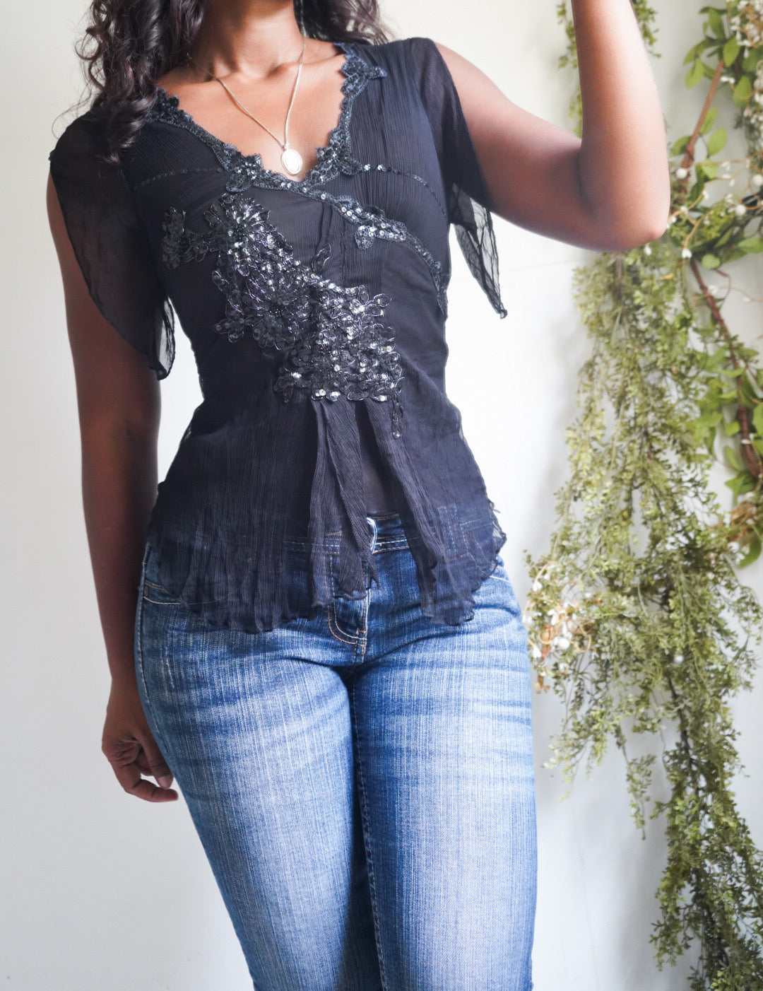 Sequin Detail Black Mesh Y2K Top