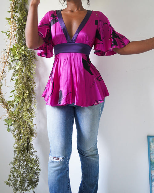 Y2K Bebe Fuchsia Silk Babydoll Top