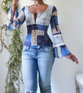 Y2K Patchwork Print Rare Flare Sleeve Top