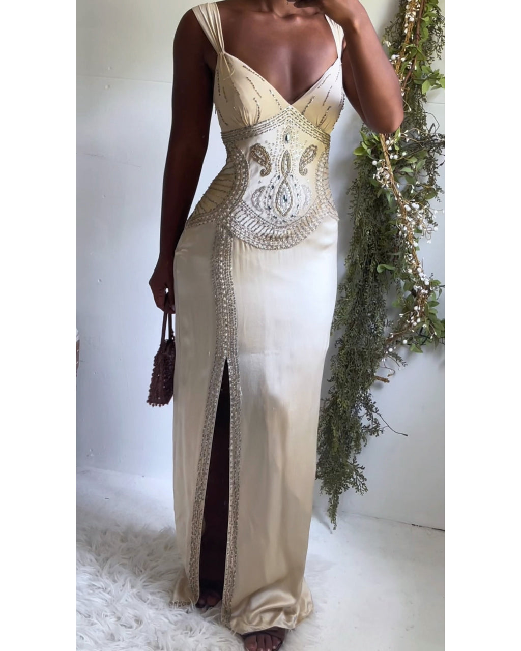 Y2K Champagne Silk Paisley Beaded Sue Wong Gown