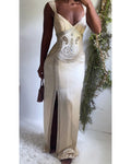 Y2K Champagne Silk Paisley Beaded Sue Wong Gown