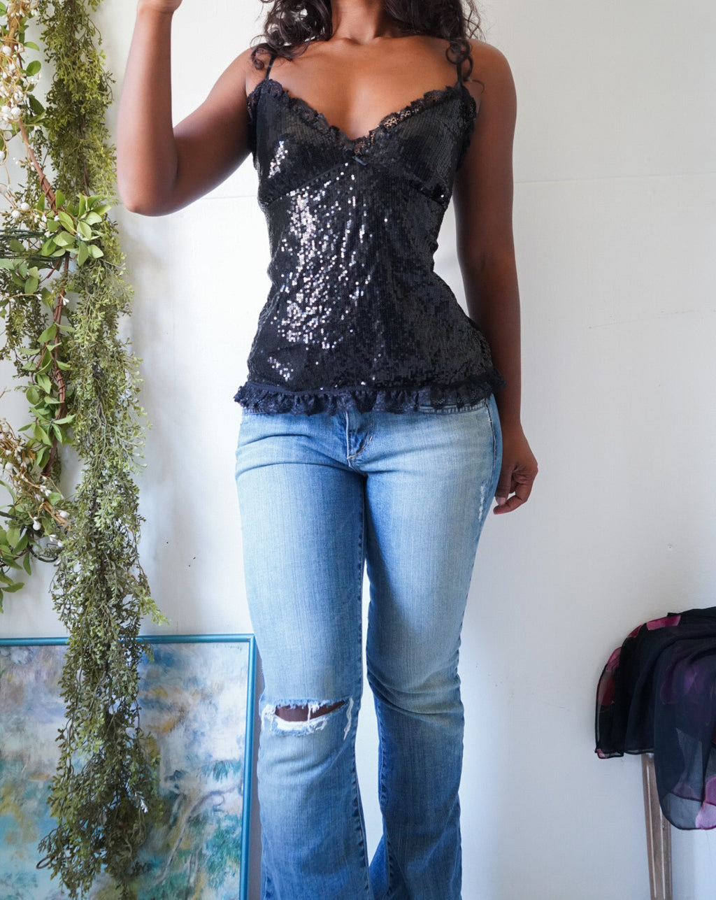Y2K Black Sequin Lace Cami