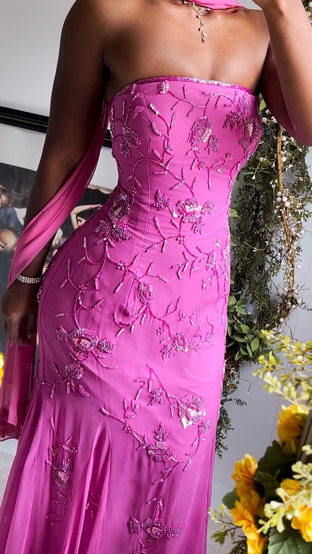Pink Silk Chiffon Beaded Strapless Gown