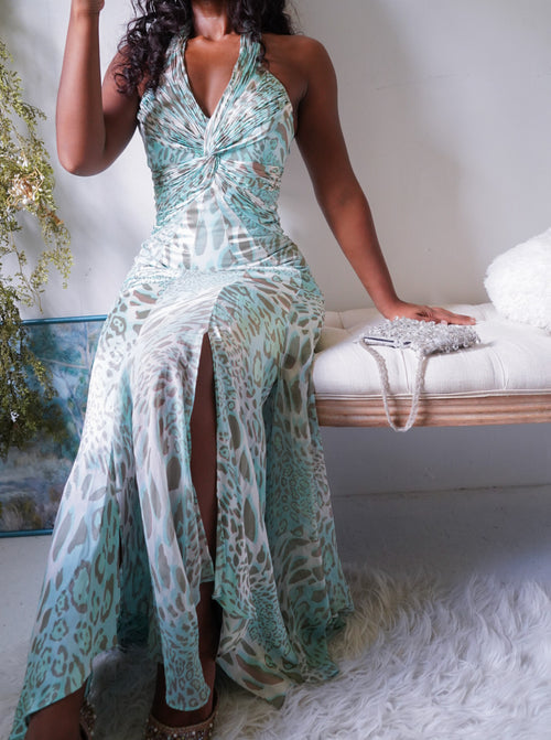 Rare Y2K Pastel Blue Leopard Print Halter Silk Gown