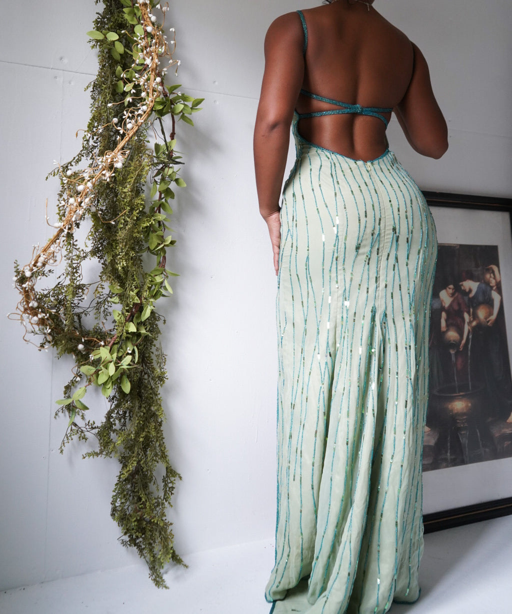 Vintage Light Sage Green Beaded Silk Backless Gown