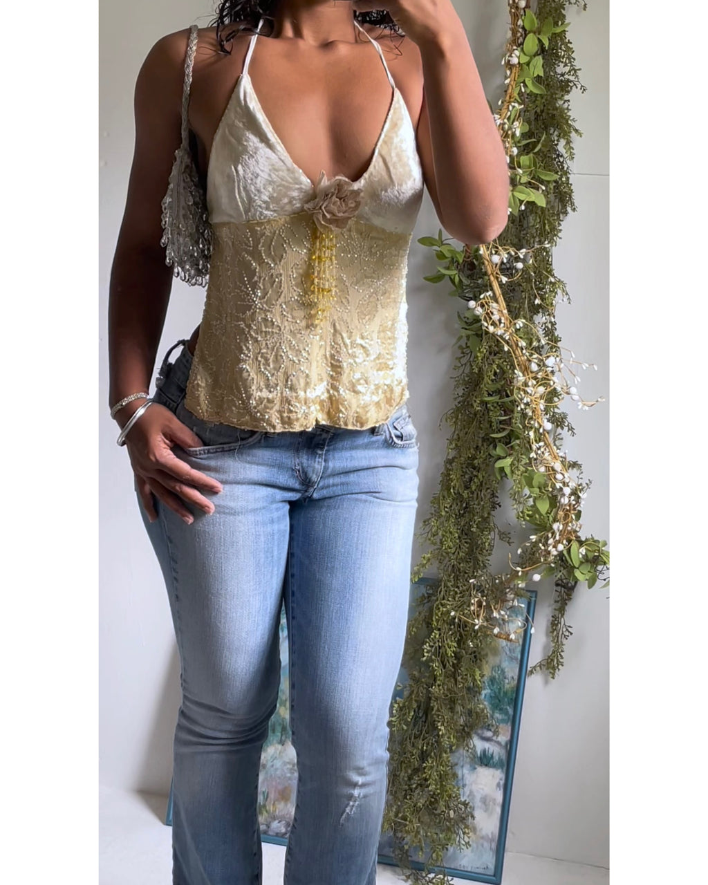 Y2K Champagne Gold Reworked Burnout Velvet Top