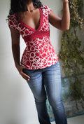 Y2K Red and White Print Babydoll Top