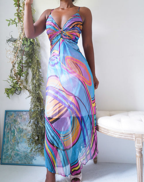 Y2K Colorful Silk Abstract Dress