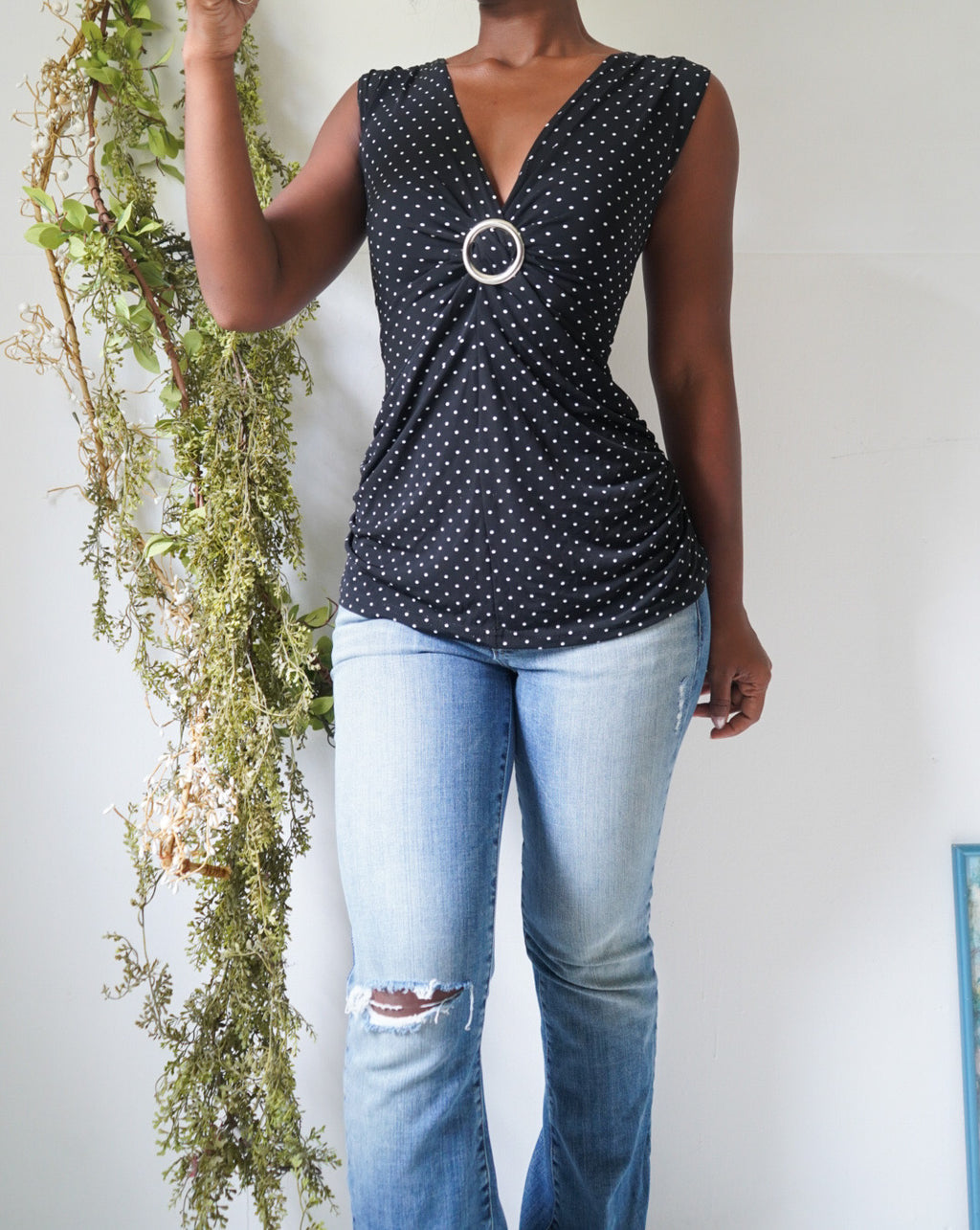 Y2K Monochrome Dot Buckle Detail Top