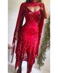 Red Silk Sue Wong Fairy Dress with Fringe Scarf