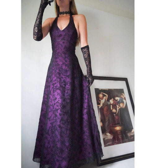 Purple and Black Layered Beaded Halter Gown