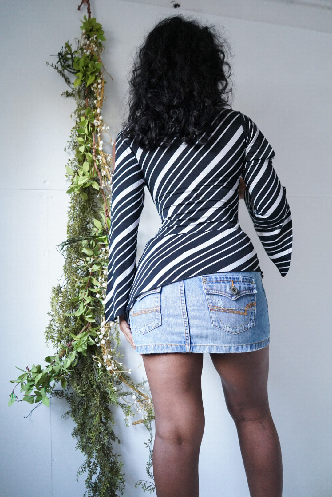 Stripe Flare Slit Sleeve Asymmetric Top