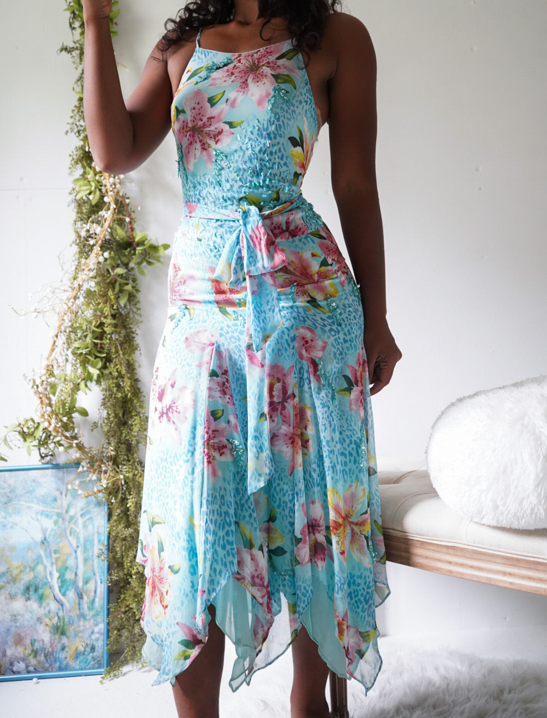 Y2K Beaded Blue Animal Print Silk Fairy Dress