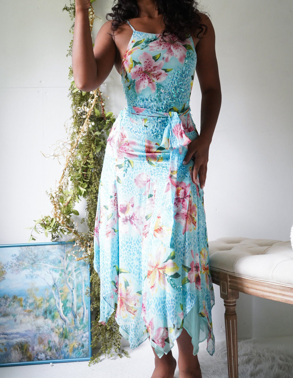 Y2K Beaded Blue Animal Print Silk Fairy Dress