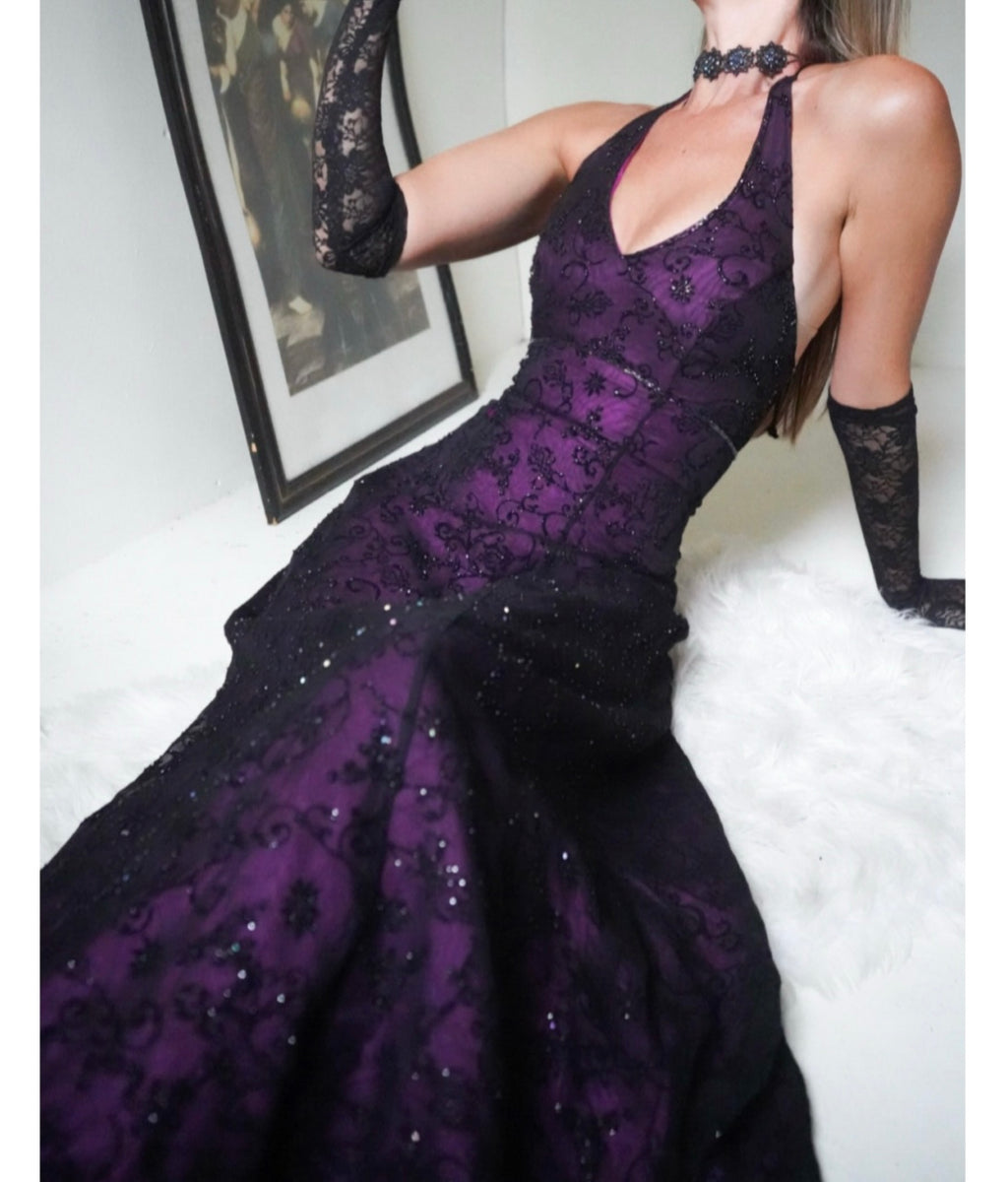 Purple and Black Layered Beaded Halter Gown (Made to Order)
