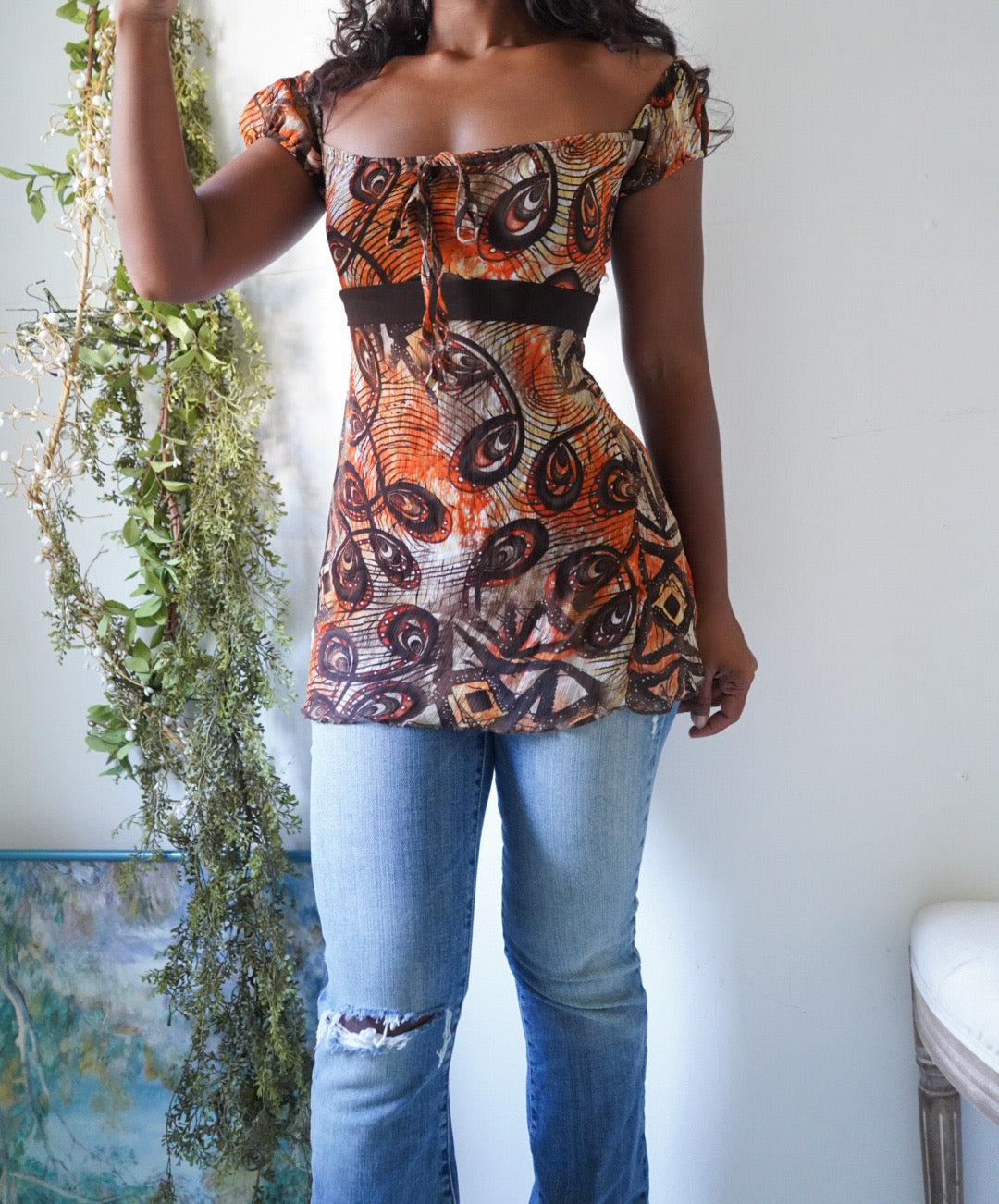 Y2K Off The Shoulder Boho Tie Back Top