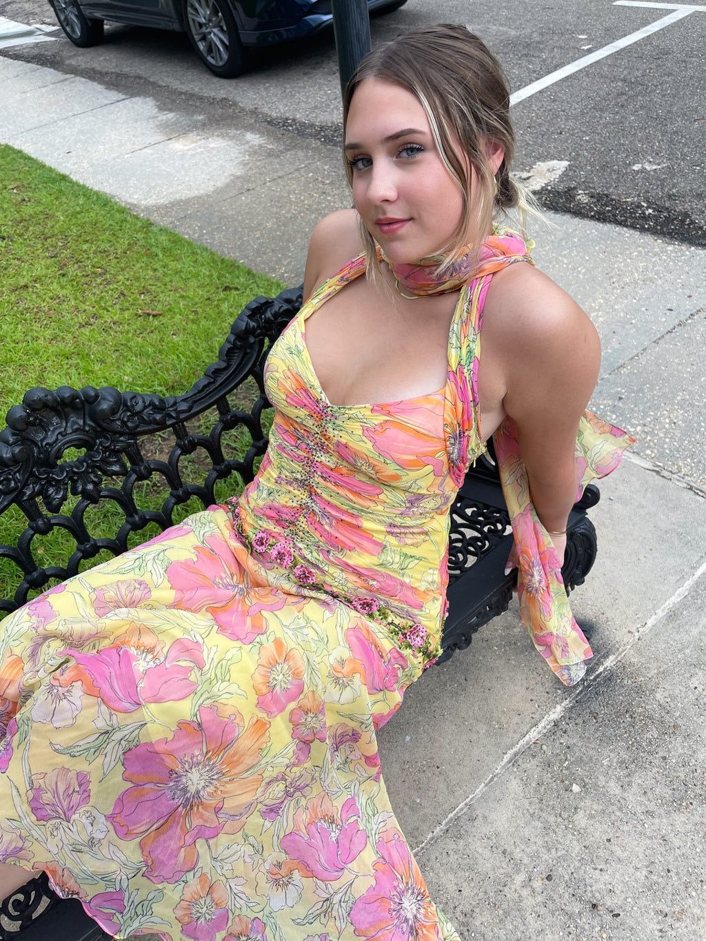 Rare Y2K Silk Yellow Fairy Floral Gown with Sash