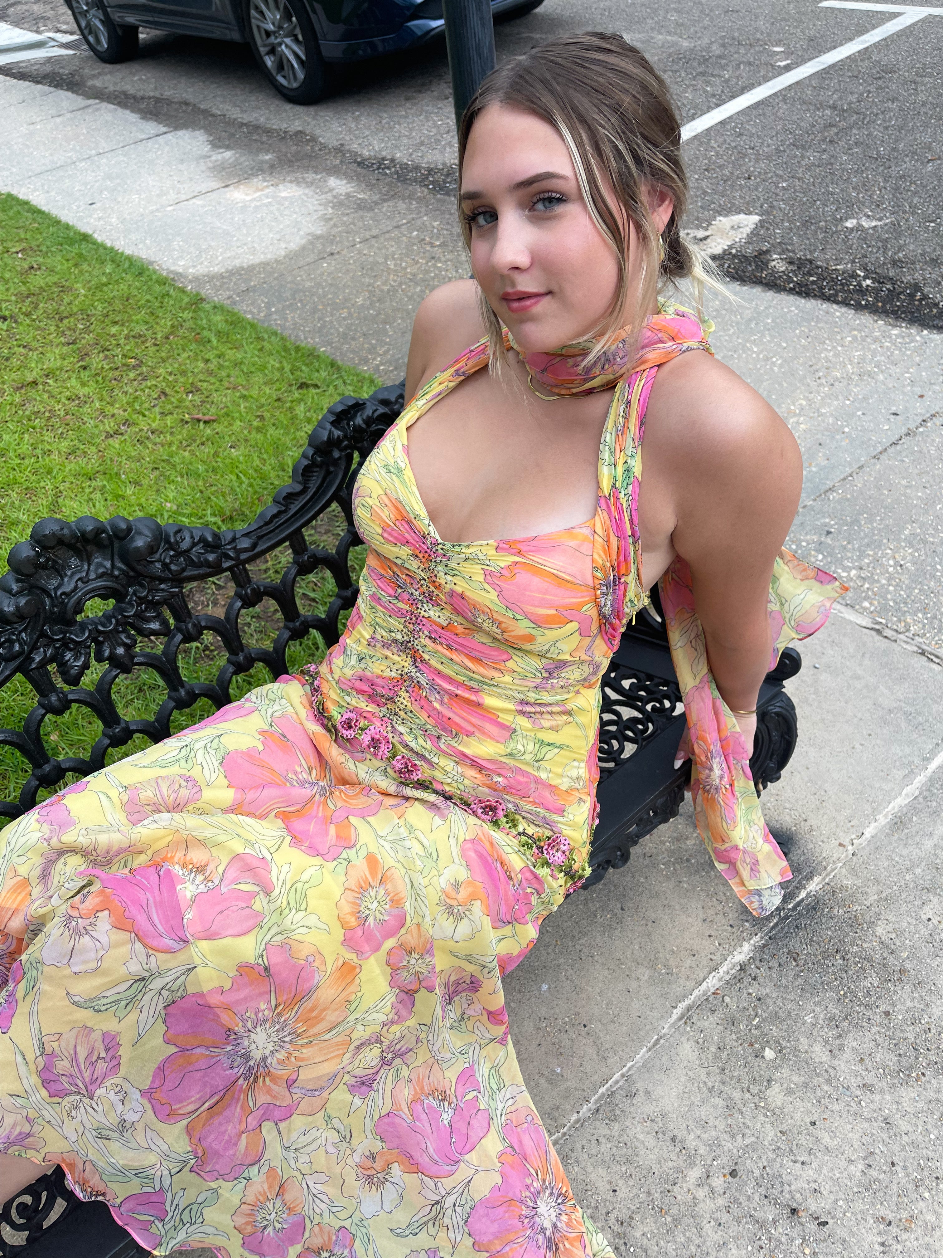 Rare Y2K Silk Yellow Fairy Floral Gown with Sash