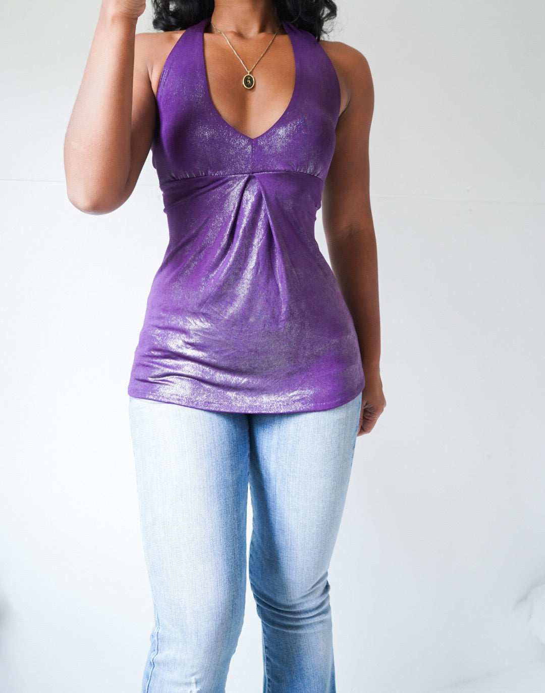 Y2K Purple Shimmer Wet Look Halter Top