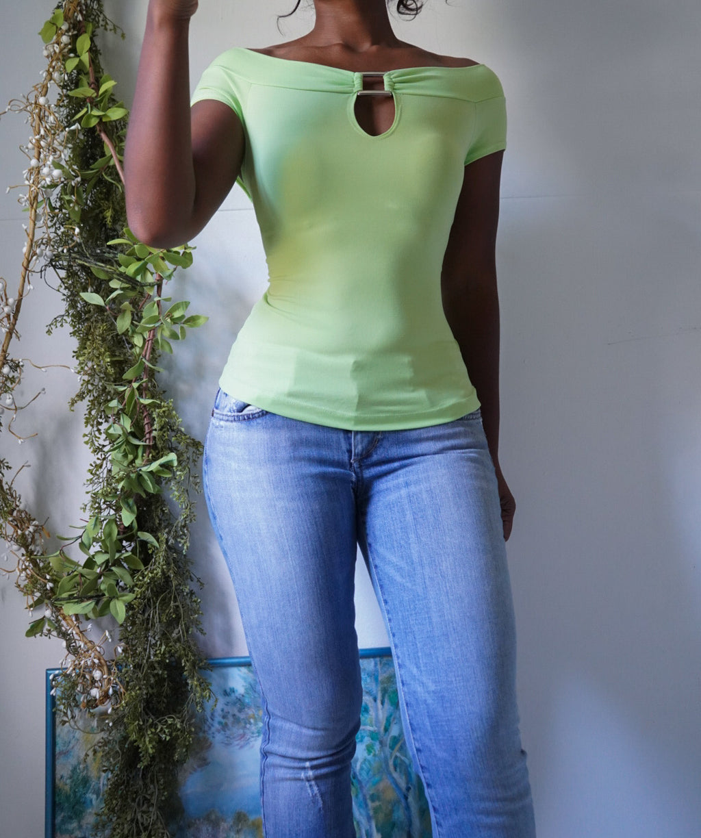 Highlighter Green Buckle Detail Off Shoulder Top