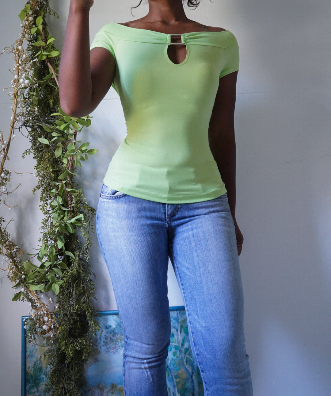 Highlighter Green Buckle Detail Off Shoulder Top