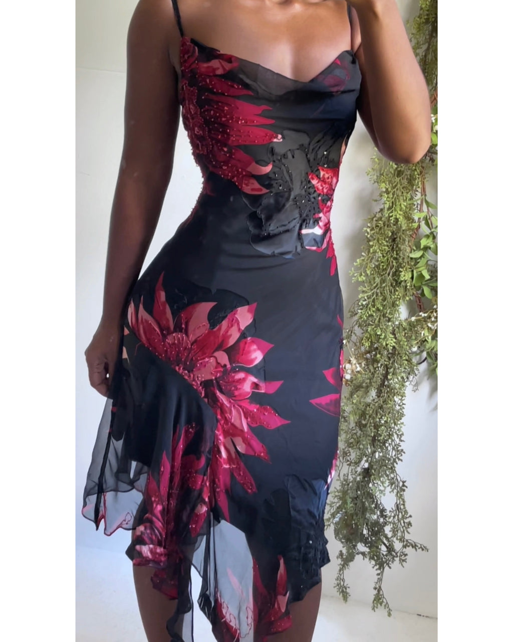 Rare Y2K Red & Black Floral Devore Silk Dress