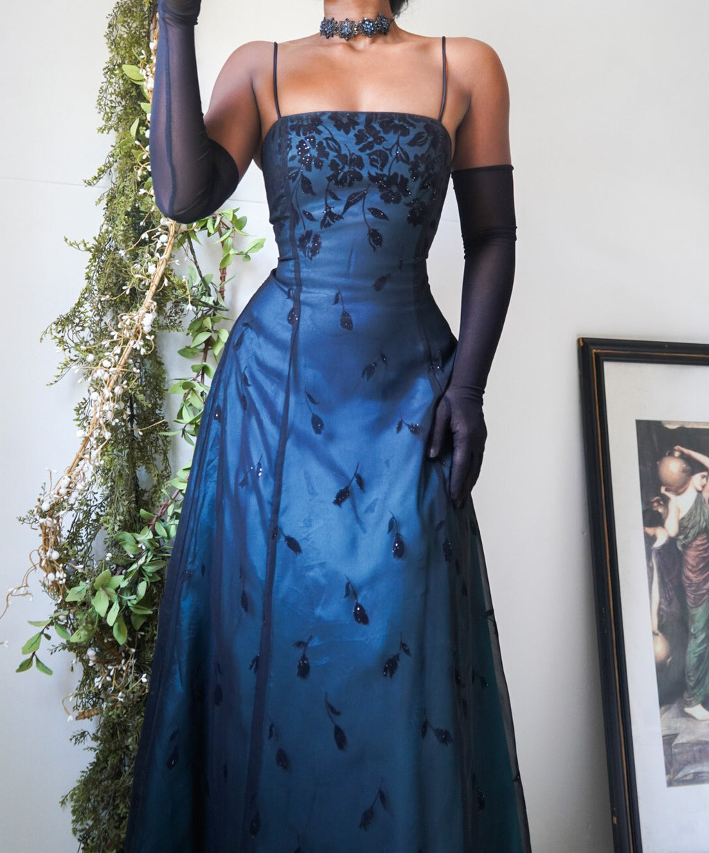 Vintage Teal and Black Layered Burnout Floral Gown