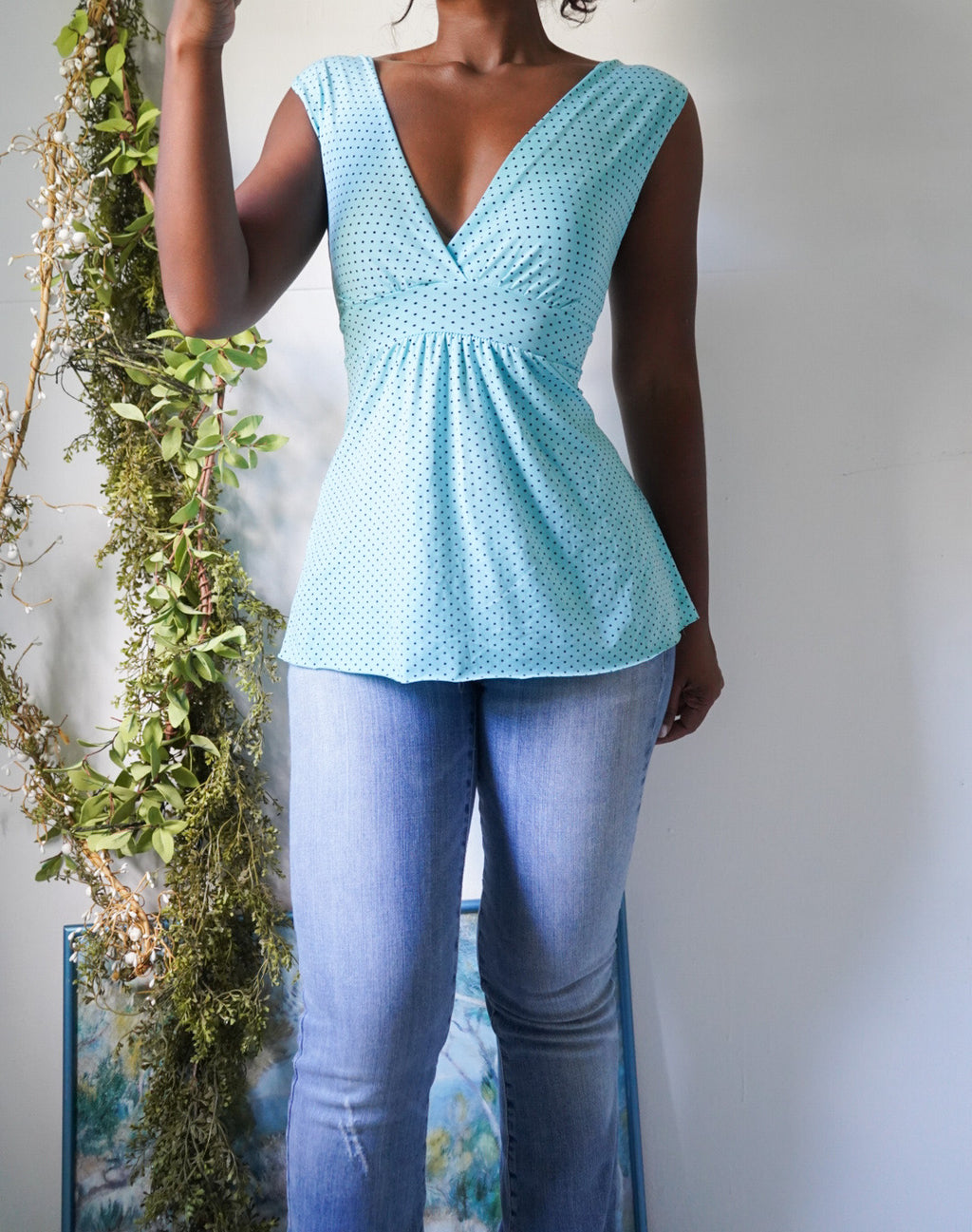 Light Blue and Black Dot Babydoll Top