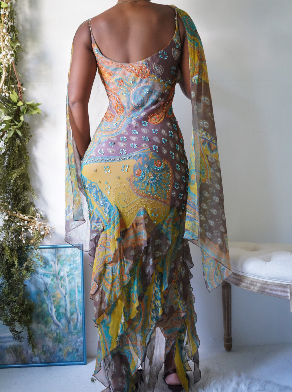 Rare Y2K Boho Paisley Beaded Silk Gown