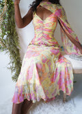 Rare Y2K Silk Yellow Fairy Floral Gown with Sash