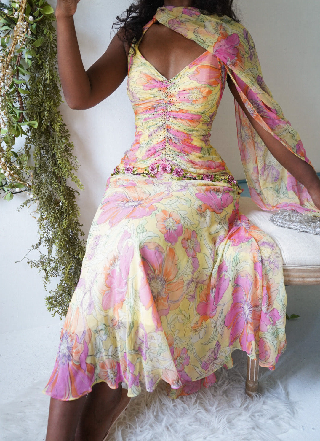 Rare Y2K Silk Yellow Fairy Floral Gown with Sash