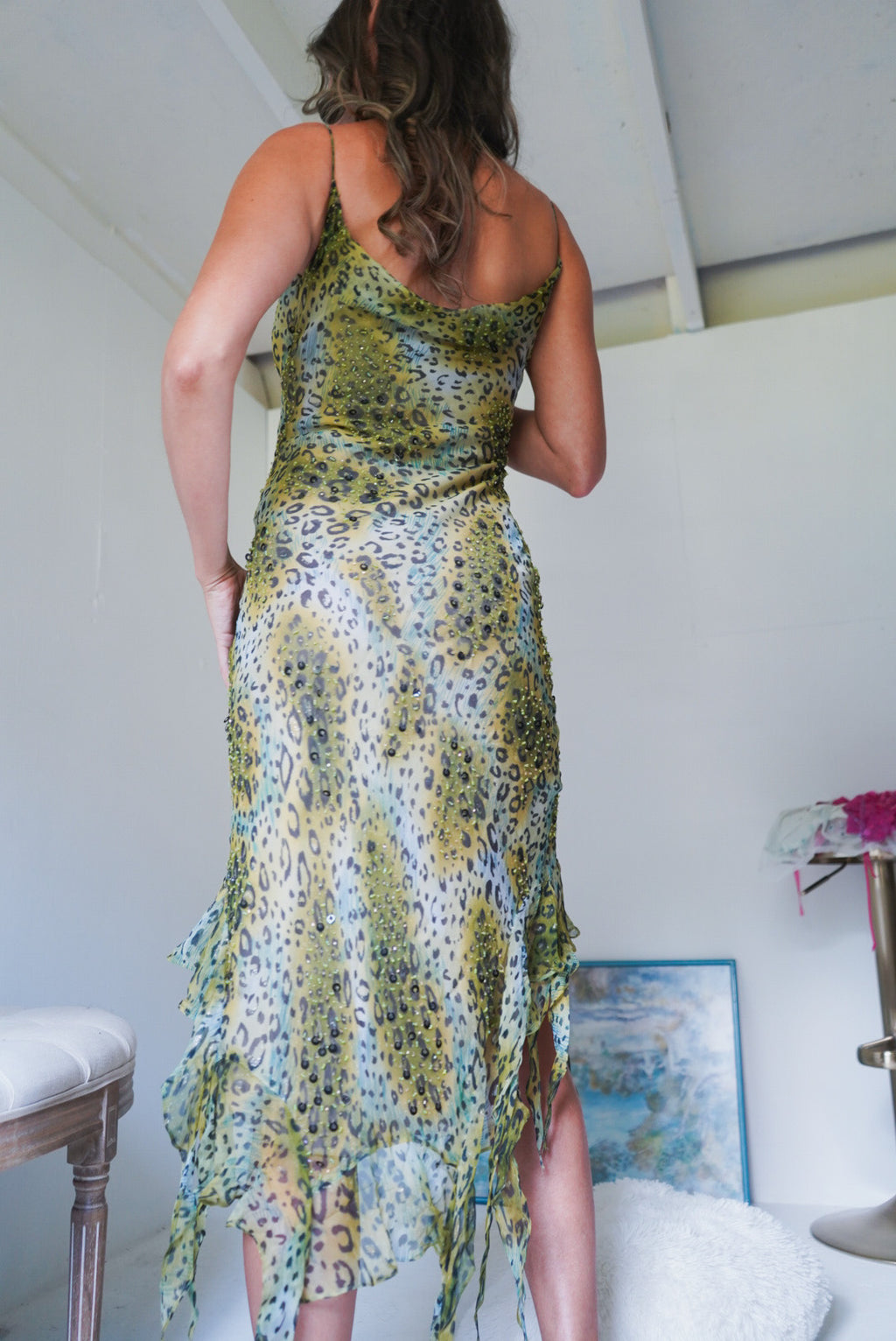 Y2K Beaded Silk Animal Print Dress