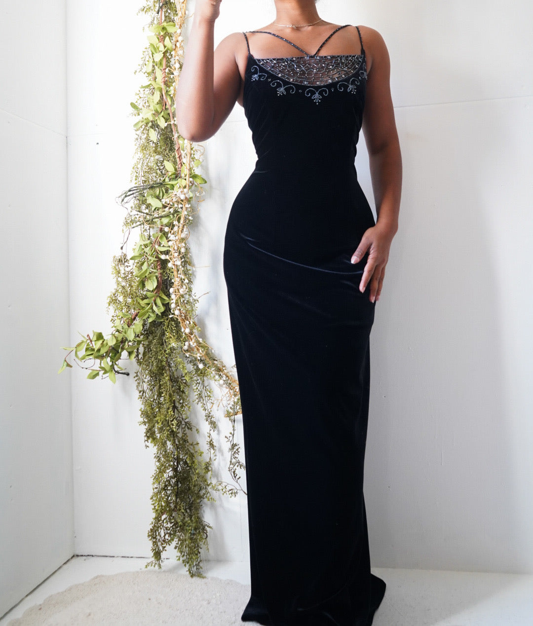 Y2K Black Velvet Beading Detail Gown