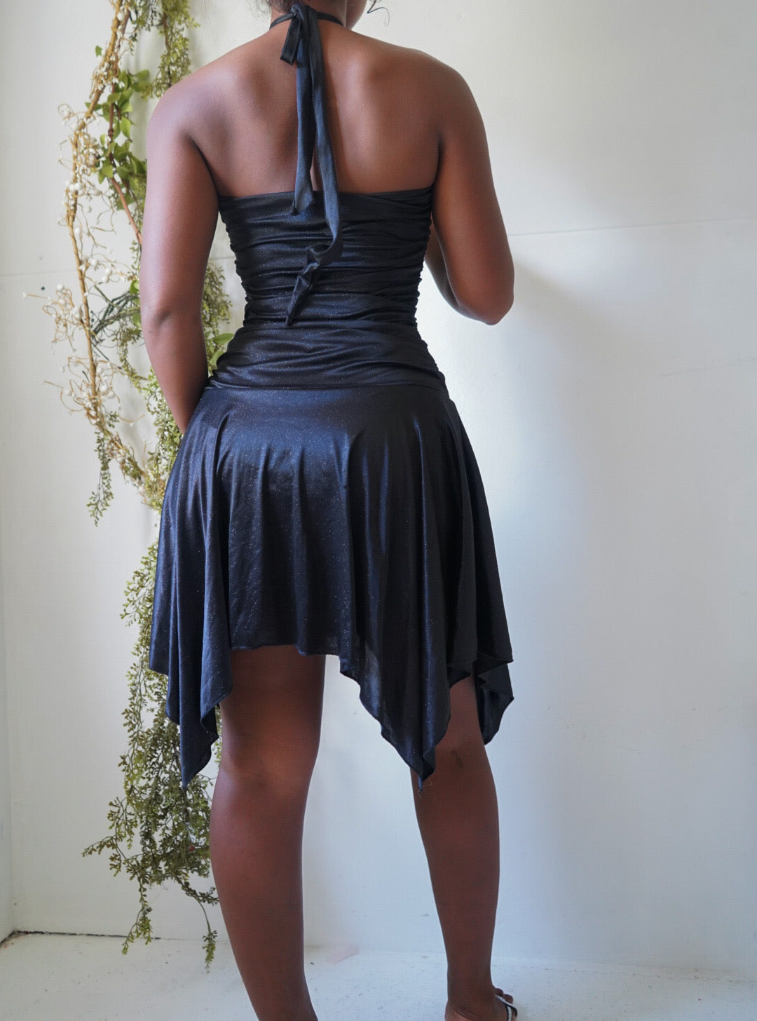 Y2K Black Sparkle Stretch Halter Mini Dress