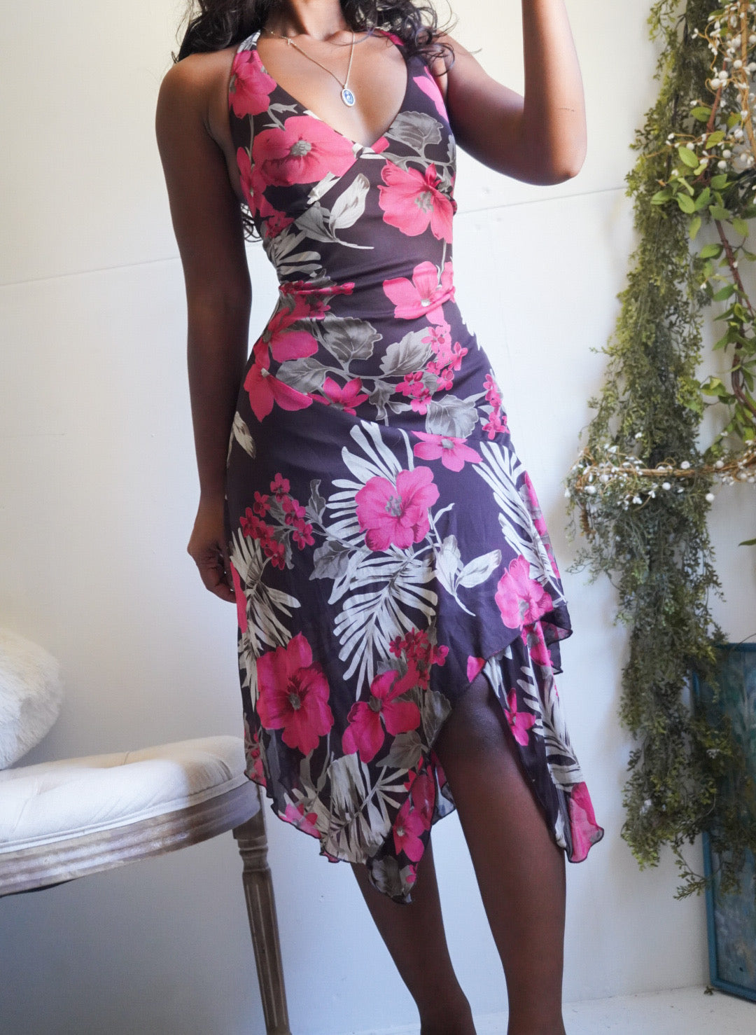 Y2K Halter Dark Chocolate Tropical Floral Dress