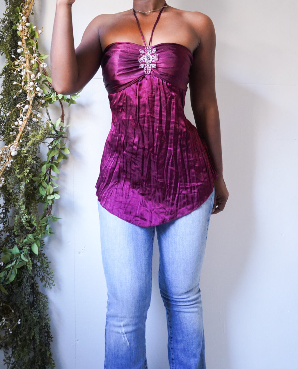 Berry Crinkle Satin Strapless Top