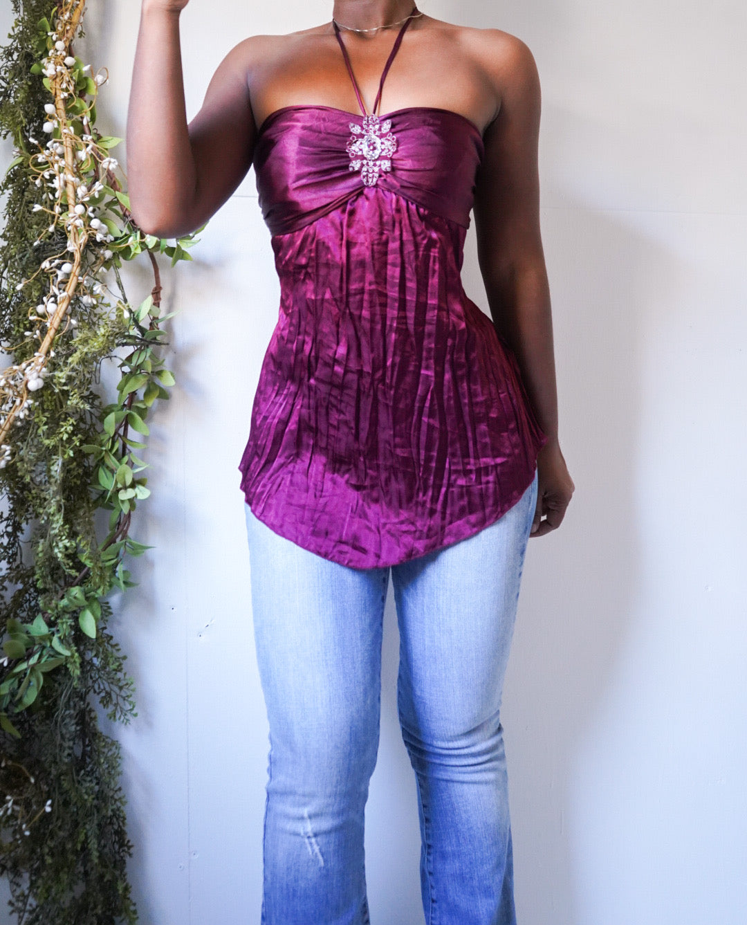 Berry Crinkle Satin Strapless Top