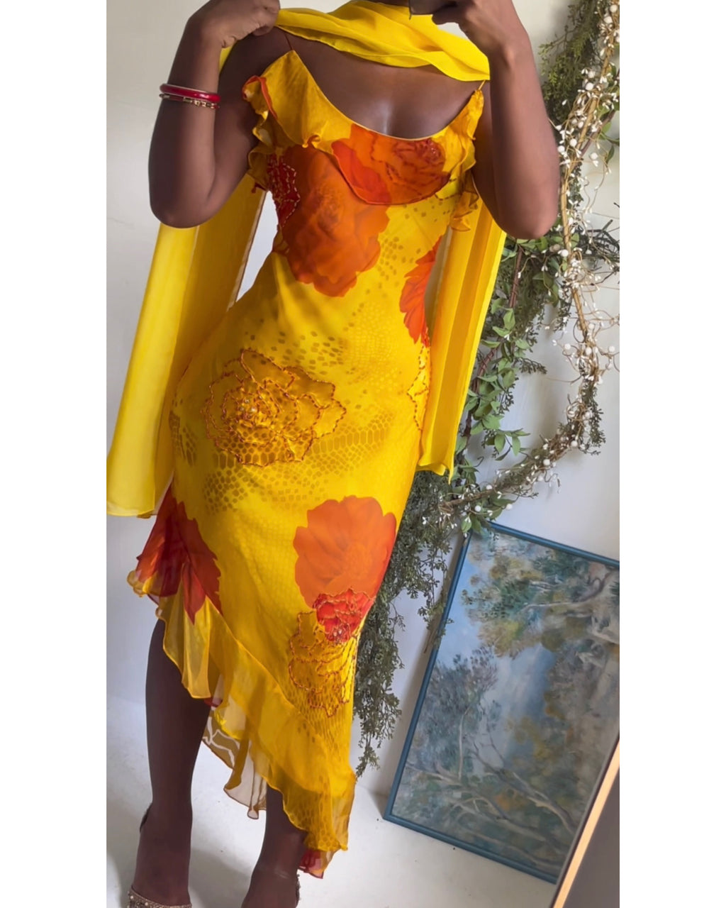 Y2K Yellow Burnout Rose Print Silk Dress
