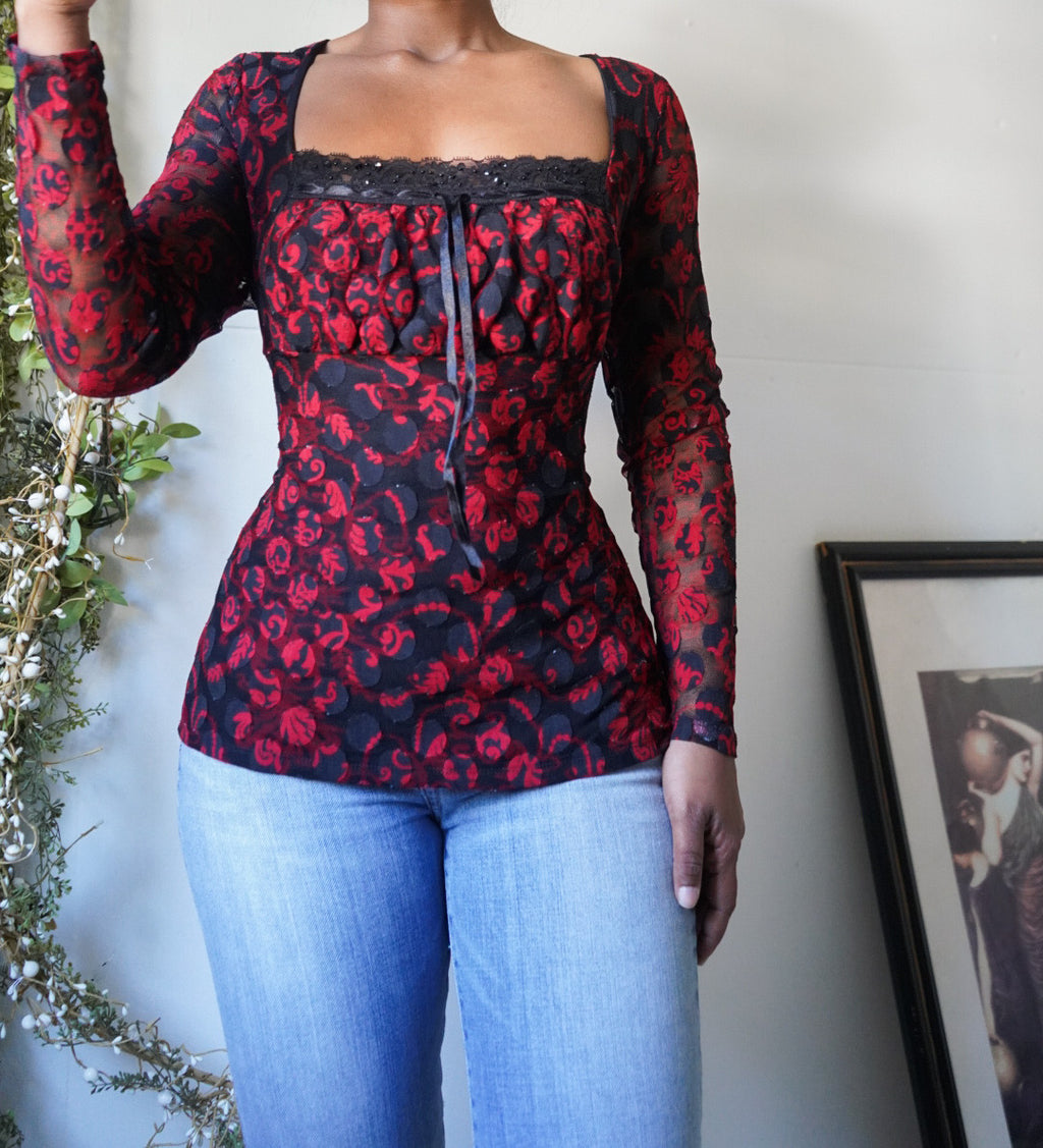 Vintage Y2K Goth Milkmaid Long Sleeve Lace Top