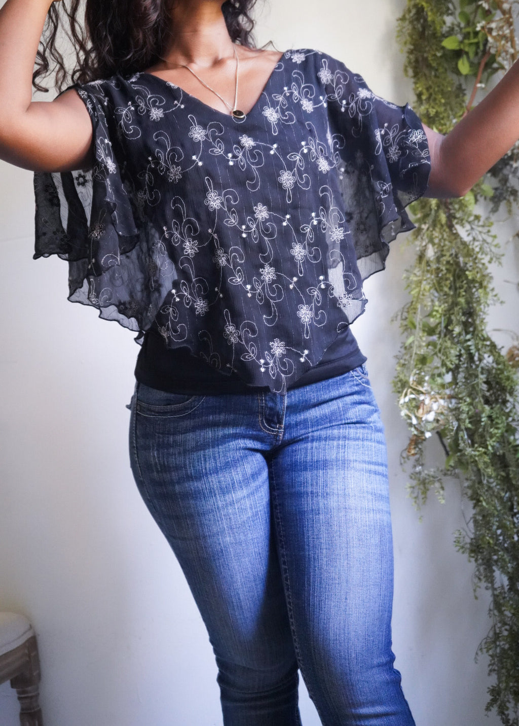 Y2K Black Sequin Detail Poncho Top