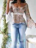 Rare Y2K Patchwork Mesh Flare Sleeve Top