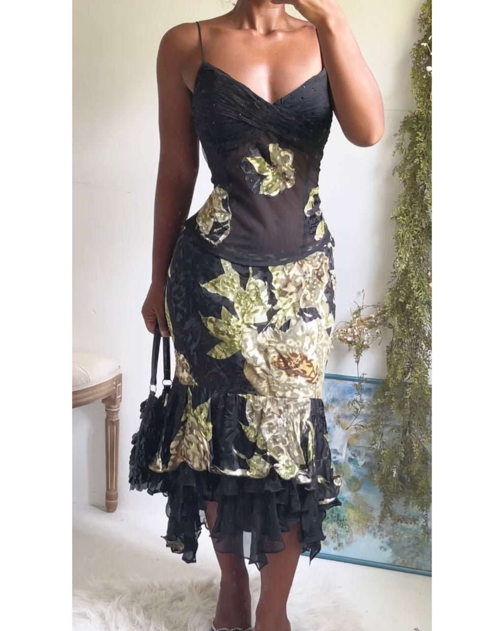 Y2K Black 2 Piece Devore Silk Skirt Set