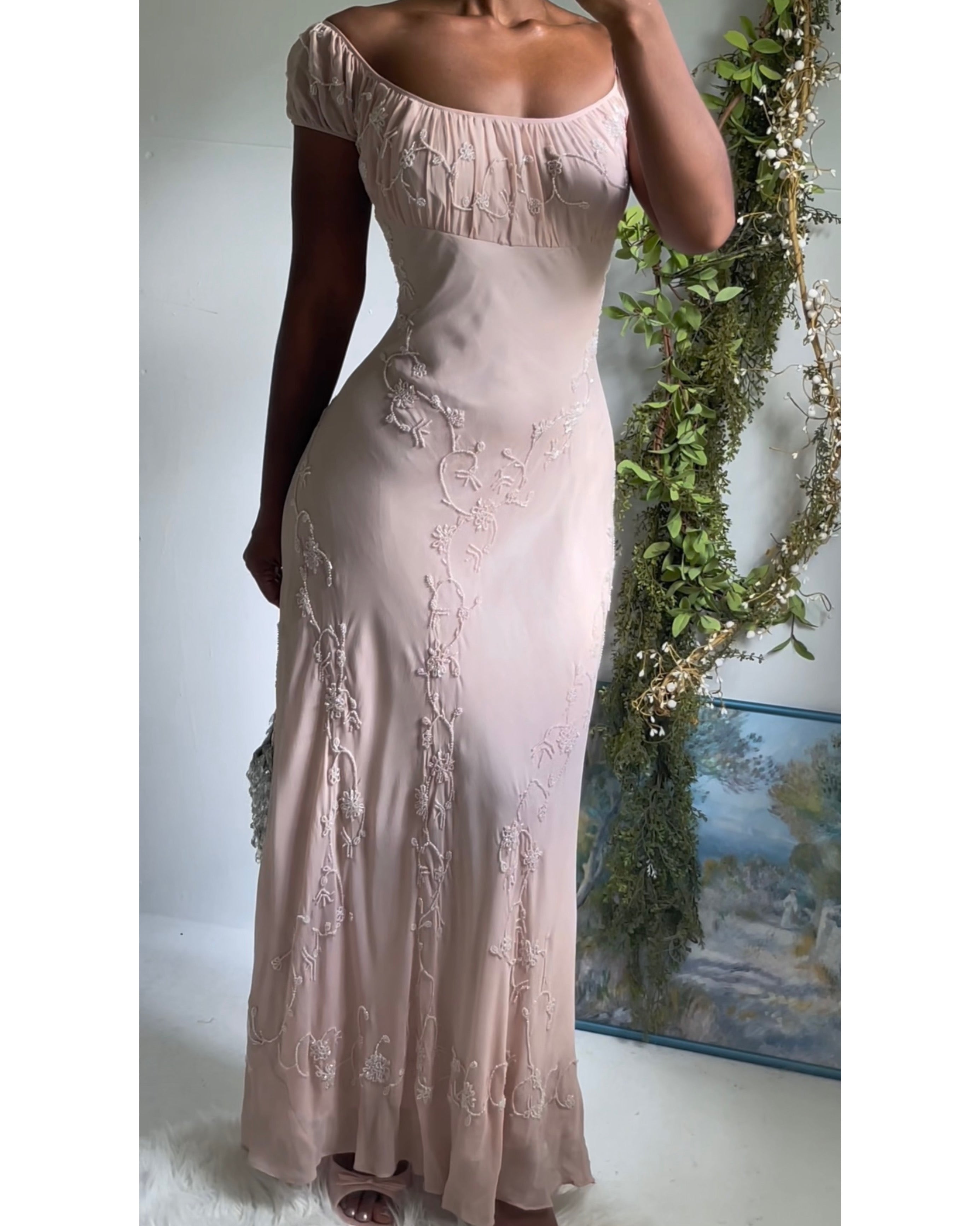Rare Vintage 90s Silk Milkmaid Blush Nude Beaded Gown