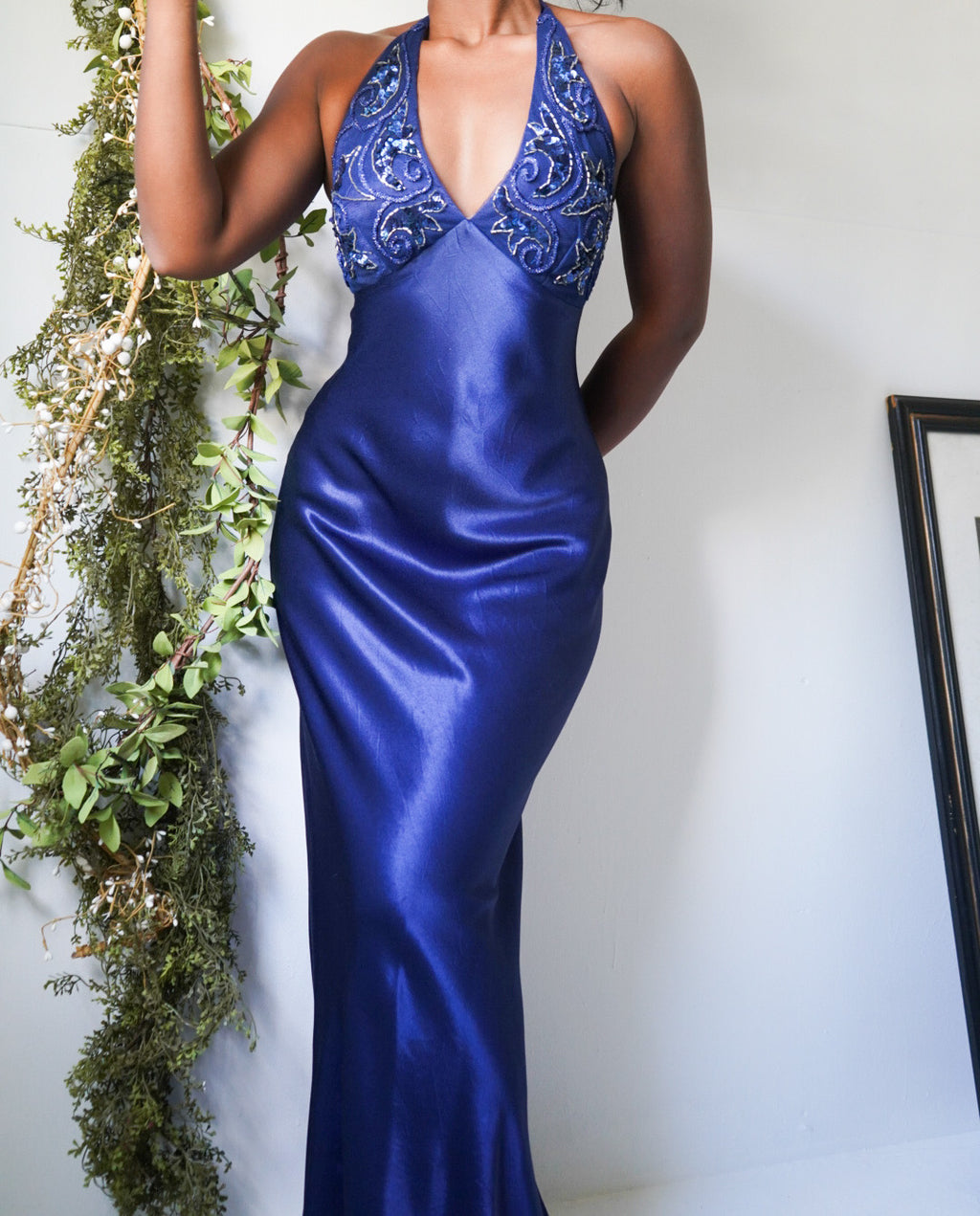 Vintage 90’s Navy Blue Satin Halter Gown