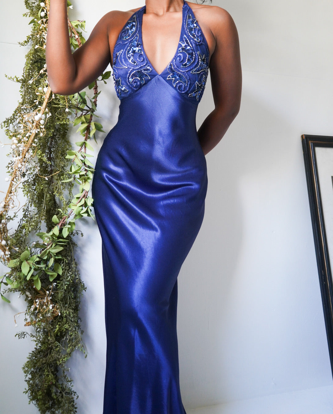 Vintage 90’s Navy Blue Satin Halter Gown